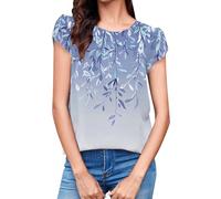 Cocila Oberteile 3/4 Arm Sommer T-Shirt Damen-Oberteile, Lässig, Rundhalsausschnitt, Plissierte Chiffon-Bluse Mit Rüschenärmeln Damen Pullover Schwarz Elegant (Light Blue, S) Tunika Große Größen
