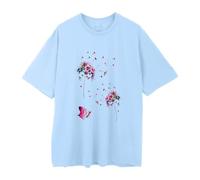 Cocila Oberteile 3/4 Arm Sommer T-Shirt Damen T Shirt Kurzarm Bluse Mit Rundhals Bunt Blumen Print Tee Tops Pullover Teenager Mädchen Pulli Tunika Freizeit Shirts Longbluse Für (Sky Blue, S)