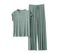 Cocila Sommer Schlafanzug Damen Pyjamas Set Kurzarm Nachtwäsche Set Casual Zweiteiliger mit Lang Pyjamahose und Shirt Licht und Ausschreibung Elastischer Bund Sleepwear