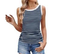 Cocila Sport Tank Top Damen Womens Sleeveless Round Neck Contrast Slim Casual Striped Summer Blouse Gelbes (Navy, XL) Sommertops Tanktop Tops Schwarzes Oberteil Sommer Women Ärmellos