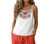 Cocila Tank Top Damen Basic Rundhals Damen-Leinen-Camisole Mit Stickerei, Lässig, Ärmellos Weites Shirt (White, XXXL) Oberteile Sexy Sommer Schwarz Träger Ärmellose Bluse Tops White Women T