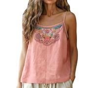 Cocila Tank Top Damen Basic Rundhals Damen-Leinen-Camisole Mit Stickerei, Lässig, Ärmellos Weites Shirt (Pink, XXXL) Party Oberteil Sommer Trägershirt Locker Tops Blusen Grün T-Shirt Ärmellose