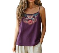 Cocila Tank Top Damen Basic Rundhals Damen-Leinen-Camisole Mit Stickerei, Lässig, Ärmellos Weites Shirt (Purple, XL) Cremefarben Oberteil Weiß Baumwolle Lang Oberteile Sexy Tops Pinkes Sommer