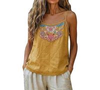 Cocila Tank Top Damen Basic Rundhals Damen-Leinen-Camisole Mit Stickerei, Lässig, Ärmellos Weites Shirt (Yellow, XXL) Oberteile Sommer Elegantes Blusentops Schwarzes Elegant Grünes Armlose