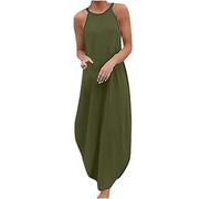Cockjun Ärmellose Kleider für Damen Lässig Sommer Lange Kleider Leinenkleid Damen Neckholder Kleider Rundhalsausschnitt Damen Mode Einfarbig Lose Schlitz Damen Baumwolle Einfarbig Druck Schlitz Kleid