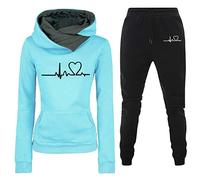 Cockjun Damen Hoodies Pullover Damen Pullover für Damen Lässige Mode Solide Herzschlag Druck Hosenanzug Himmelblau Damen Solide Liebe Hosenanzug