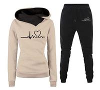 Cockjun Damen Hoodies Pullover für Damen Pullover Damen Casual Fashion Solid Heartbeat Print Shirt Hose Set Khaki Damen Solid Love Hosenanzug, 3XL