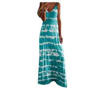 Cockjun Damenkleider Lange Maxikleider für Frauen Böhmisches Kleid 2023 Lässiges Tie-Dye-Kleid Spaghettikleider Rundhalsausschnitt Ärmellos Horizontaler Druck Einteiliges Kleid Himmelblaues Damenklei