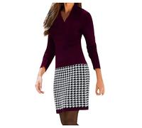 Cockjun Langärmliges Kleid mit V-Ausschnitt Damenmode mit Hahnentritt-Nähten Weinrot Damenmode mit Hahnentritt-Nähten Kleid