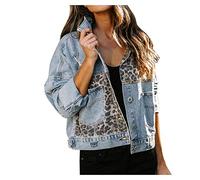 Cockjun Langarmshirts für Damen Jeanshemd Damen Leopardenmuster Oberteile Jeansjacke Mädchen Damen Nähte Blau Damen Patchwork mit