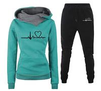 Cockjun Trendy Tops für Damen Casual Einfarbig Love Printing Kapuzendruck Pullover Hosenanzug Damen Casual Einfarbig Heartbeat Print Kapuzenpullover Hosenanzug Grün S