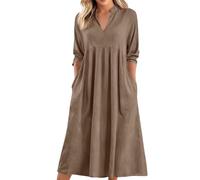 Cocktailkleid Damen,Damen Kleid Sommerkleider Leicht Und Luftig Henley-V-Ausschnitt 3/4 Ärmel Leinenekleid Strandkleid Plissee Loose Baumwolle Leinen Sommer Elegant Freizeitkleid Mit Taschen(Khaki,M)