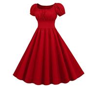 Cocktailkleid Damen Elegant - 50er Jahre Kleider Damen Vintage Retro Rockabilly Kleid Kurzarm Quadratischer-Ausschnitt Faltenrock Swing Cocktailkleider Sommerkleid Partykleid Abendkleid