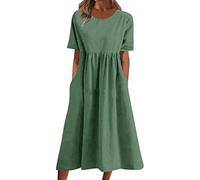 Cocktailkleid Damen Kurz,S157 Leinenkleid Damen Sommer V-Ausschnitt Kurzarm Sommerkleid Damen Knielang Leinenkleider Baumwolle Leinen Blusenkleid Casual Drucken Freizeitkleid Strandkleider Boho Kleid