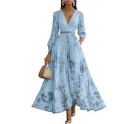 Cocktailkleid Damen Lang A-Linie Abendkleider Elegant Für Hochzeit Chiffonkleid Damen V Ausschnitt Lange Blumenkleid Festlich Maxi Ballkleider Ärmellos Blumen Frühlingskleid Plissee Kleider
