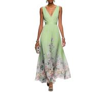 Cocktailkleid Damen Lang A-Linie Abendkleider Elegant Für Hochzeit Chiffonkleid Damen V Ausschnitt Lange Blumenkleid Festlich Maxi Ballkleider Ärmellos Blumen Frühlingskleid Plissee Kleider