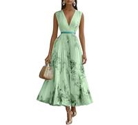Cocktailkleid Damen Lang A-Linie Abendkleider Elegant Für Hochzeit Chiffonkleid Damen V Ausschnitt Lange Blumenkleid Festlich Maxi Ballkleider Ärmellos Blumen Frühlingskleid Plissee Kleider