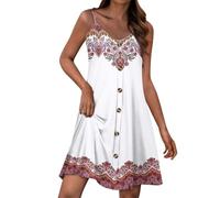 Cocktailkleid Damen Sexy Knielang Sommerkleid Frühchen Kleidung Ethnischer Druck Loose Kleid Damen Cocktail Kleid Mit Taschen Spaghettiträger-Kleid Silvester Kleid Damen Glitzer（2-White，M）