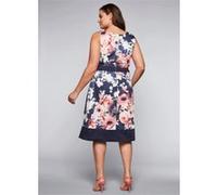 Cocktailkleid SHEEGO "Cocktailkleid", Damen, Gr. 58, Normalgrößen, blau (marine bedruckt), 97% Baumwolle, 3% Elasthan, geblümt, gemustert, mehrfarbig, knielang, Rundhals, Kleider (35087868-58) marine 