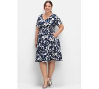 Cocktailkleid SHEEGO "Abendkleid", Damen, Gr. 54, Normalgrößen, blau (marine, gemustert), 97% Baumwolle, 3% Elasthan, geblümt, gemustert, mehrfarbig, knielang, V-Ausschnitt, Kleider (59503135-54) mari