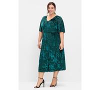 Cocktailkleid SHEEGO "Cocktailkleid", Damen, Gr. 42, Normalgrößen, blau (petrol, bedruckt), 69% Polyester, 24% Polyamid, unifarben, wadenlang, V-Ausschnitt, Kleider (49190304-42) petrol, bedruckt