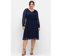 Cocktailkleid SHEEGO "Cocktailkleid", Damen, Gr. 48, Normalgrößen, blau (marine), 100% Polyester, unifarben, knielang, V-Ausschnitt, Kleider (14835137-48) marine