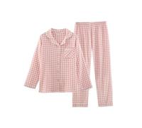 codcm Damen-Pyjama-Set, Baumwolle, langärmelig, Hemd und Hose, Nachtwäsche, 2-teiliges Gingham-Pyjama-Set, Rosa, M