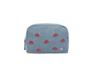 Codello - Codello Fashion Kulturbeutel mit Kussmund-Stickerei, Kosmetiktasche, Denim-Blau