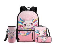 COEQINE 4 in 1 Rosa Rucksack für Mädchen 4 6 8 10 12 Jahre Mittelschule Tasche Set Lunchbox Bleistift Box Flaschenhalter Gurt, Pink Rainbow Axolotl