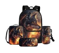 COEQINE 4 in 1 Wolf Rucksack für Mädchen 4 6 8 10 12 Jahre Grundschule Tasche Set Lunchbox Bleistift Box Flaschenhalter Gurt, Galaxy Gray Wolf Gold Black