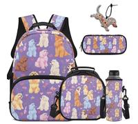 COEQINE Kinder-Rucksack für die Schule mit Lunchbox, Grundschule, Kombi-Federmäppchen, Wasserflasche, Schlüsselanhänger, Laptop-Büchertasche, Süßer Hund, violett, Welpe