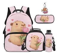 COEQINE Kinder-Rucksack-Set mit Lunchbox, Federmäppchen, Schlüsselanhänger, Wasserflaschenhalter für Jungen und Mädchen, 5-teilig, für elementare Mitte, Capybara Pink Tulip