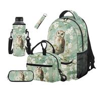 COEQINE Kinder-Schulrucksack für Mädchen, Büchertasche mit Lunchbox, Wasserflasche, Stifteetui und Schlüsselanhänger für Grundschüler, Eule Green Wildflower Forest