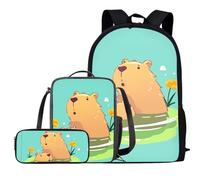 COEQINE Kinderrucksack-Set mit 3 Teilen, inklusive Lunchtasche, Federmäppchen, Schule, Büchertasche, lässig, Tagesrucksack, Reisen, Outdoor, Kapazität, Capybara Aqua, Einheitsgröße