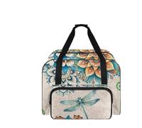 COEQINE Nähmaschinentasche mit Taschen und Griffen, Reiseaufbewahrung, Bastelbedarf, Organizer für die meisten Ständer, 50,8 cm, Hellbraune Libelle mit Blumenmuster, Reisetasche