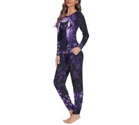COEQINE Pinkes Halloween-Pyjama-Set für Damen, Übergröße, weiche Sweatsuits, langärmelig und lange Hose mit Tasche, Größe XS - 6XL, Lila Katze, Gothic, 3XL