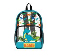 COEQINE Transparenter Rucksack für Jungen, strapazierfähig, Cartoon-Schultasche, Kinderrucksack, PVC, transparent, 43 x 36 x 18 cm, Grüner Dino auf blaugrünem Custome-Name