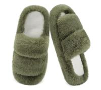 COFACE Damen Hausschuhe Pantoffeln Hüttenschuhe Gemütliche Kuschelig Flauschih Plüsch Wärme Fell Memory Foam Schlafzimmer Slippers Women Bettschuhe 2025 Winter Offen Grün Größe 37