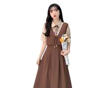 College-Stil, gespleißtes, zweiteiliges, kurzärmliges Kleid für Studentinnen, vielseitiger, knielanger A-Linien-Rock mit Taillenbetonung im koreanischen Stil - Khaki - XL