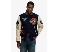 Collegejacke SUPERDRY "COLLEGE PATCHED VARSITY JKT", Herren, Gr. S, atlantic navy, oatmeal, Web, Obermaterial: 52% Wolle, 44% Polyester, 2% Polyacryl, 2% Viskose, bedruckt, relaxed fit normal, hoch ge