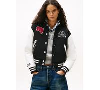 Collegejacke TOMMY JEANS "TJW WOOL VARSITY JACKET", Damen, Gr. XL (42), schwarz, Web, Obermaterial: 70% Polyester, 30% Wolle, bestickt, colorblocking, regular fit, Rippbündchen, Jacken Collegejacke, m