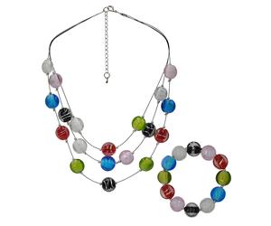 Collierkettchen STEUER "Set aus Collier und Armband mit bunten Glassteinen", bunt (mehrfarbig), Halsketten, Damen, 49cm, Metall, L: 49 B: 0,5mm, glänzend, B:0,5mm (17243303-0) mehrfarbig