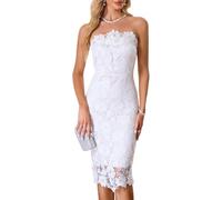 Cololura Elegantes Damenkleid mit Blumenmuster, Spitze, sexy, schulterfrei, Abendkleid, Party, Cocktail, figurbetontes Midikleid, Weiß-1, Mittel