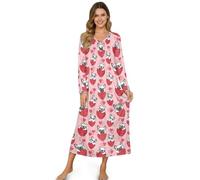 Coloranimal Pynewomyt Langarm-Nachthemden für Damen, Schlafhemden, V-Ausschnitt, Nachthemden, Valentinstag, Pyjama, Kleid, Midikleid, Niedlicher Erdbeer-Mops-Cartoon, S