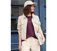 Jeansjacke STREET ONE STUDIO, Damen, Gr. 46, beige (soft ecru), Jeans, 55% Baumwolle, 21% Polyester, 14% Lyocell, 9% Viskose, 1% Elasthan, unifarben, comfort fit normal, V-Ausschnitt, abgesteppt, Jack
