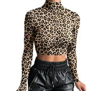 Colorful Leopard Damen Rollkragen Cropped Langarm Shirt Kurz Elastisch Top, Turtleneck Sexy Basic Cropped Tops für Cosplay Casual Party (Gepard, XXL)