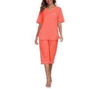 COLORFULLEAF Schlafanzug Damen Capri 100% Baumwolle Pyjamas Set Zweiteiler V-Ausschnitt Nachtwäsche Kurzarm Top und 3/4 Hose(Korallenorange,M)