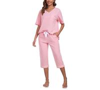 COLORFULLEAF Schlafanzug Damen Capri 100% Baumwolle Pyjamas Set Zweiteiler V-Ausschnitt Nachtwäsche Kurzarm Top und 3/4 Hose(rosa,M)