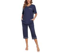 COLORFULLEAF Schlafanzug Damen Capri 100% Baumwolle Pyjamas Set Zweiteiler V-Ausschnitt Nachtwäsche Kurzarm Top und 3/4 Hose(Marineblau,S)