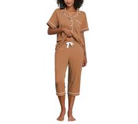 COLORFULLEAF Schlafanzug Damen Capri 100% Baumwolle Pyjamas Set Zweiteiler V-Ausschnitt Nachtwäsche Kurzarm Top und 3/4 Hose